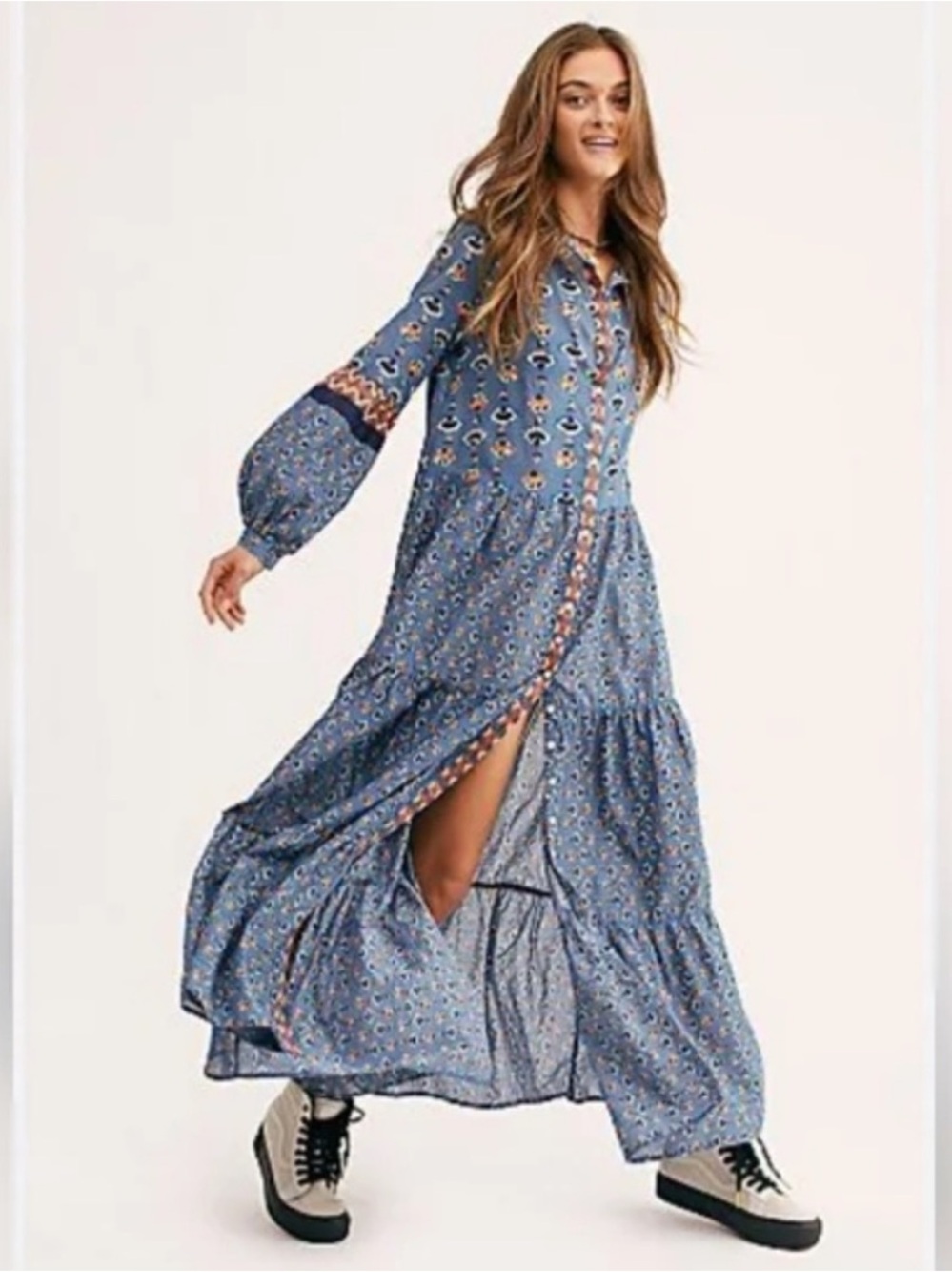 Free People Papillon Blue Floral Tiered Maxi Dress | MEDIUM
